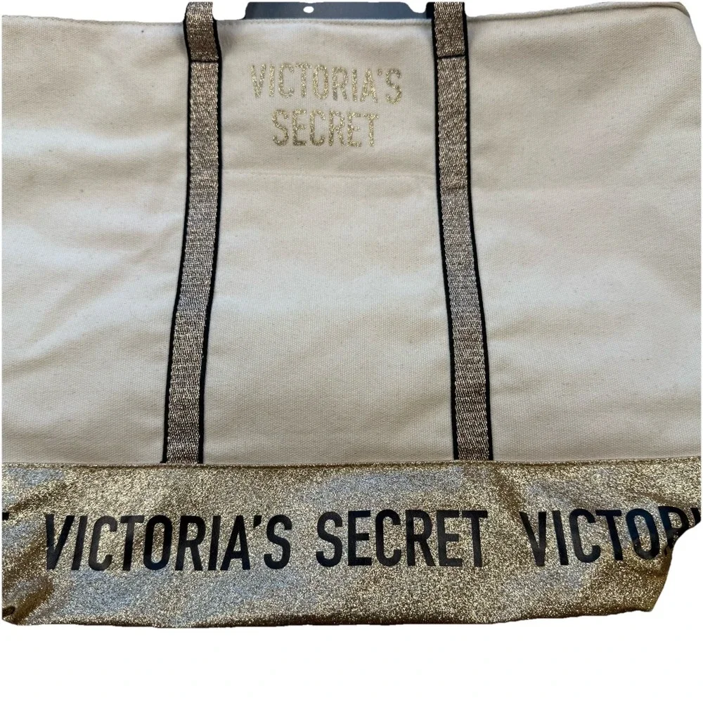 Victoria's Secret Canvas GOLD GLITTER‎ Tote Bag Zip Closure EUC